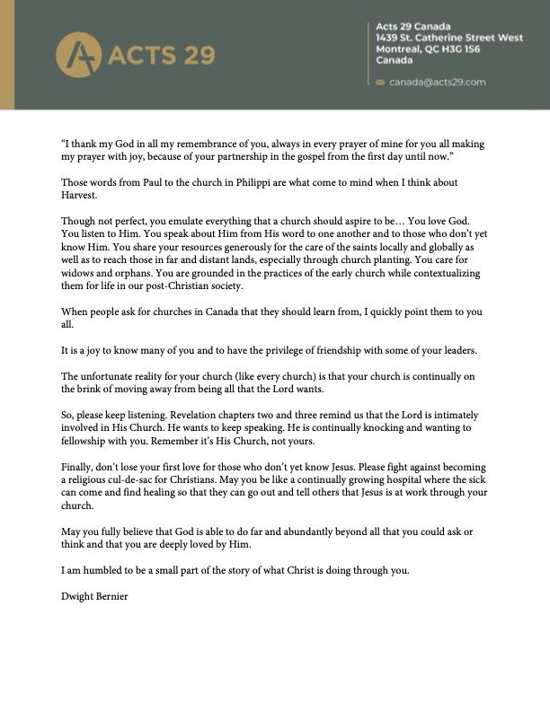 Letter from Acts29 Canada