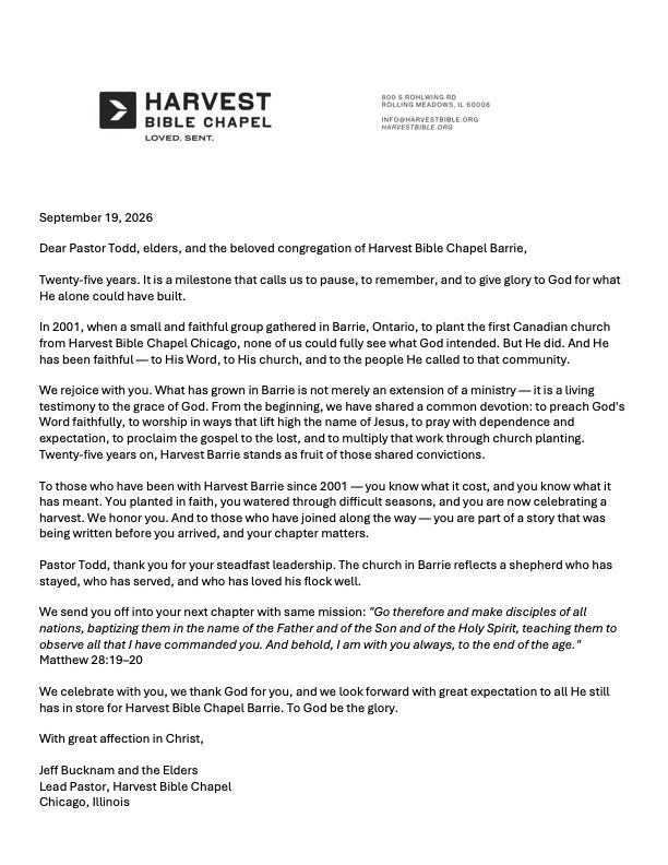 Letter from Harvest Chicago